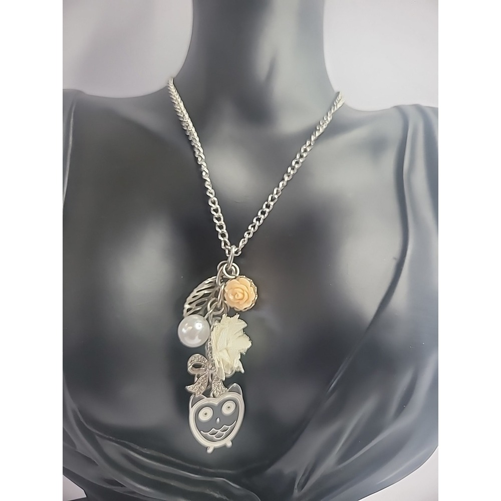 Vintage‎ Silver Tone Necklace Charms Bow Flower Stone Jewelry Costume